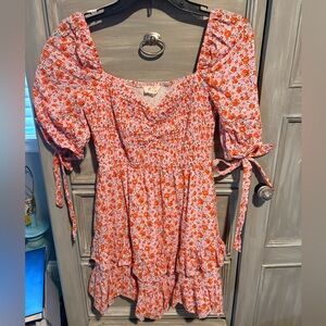 Lena Coral-Pink Floral Smocked Mini Dress